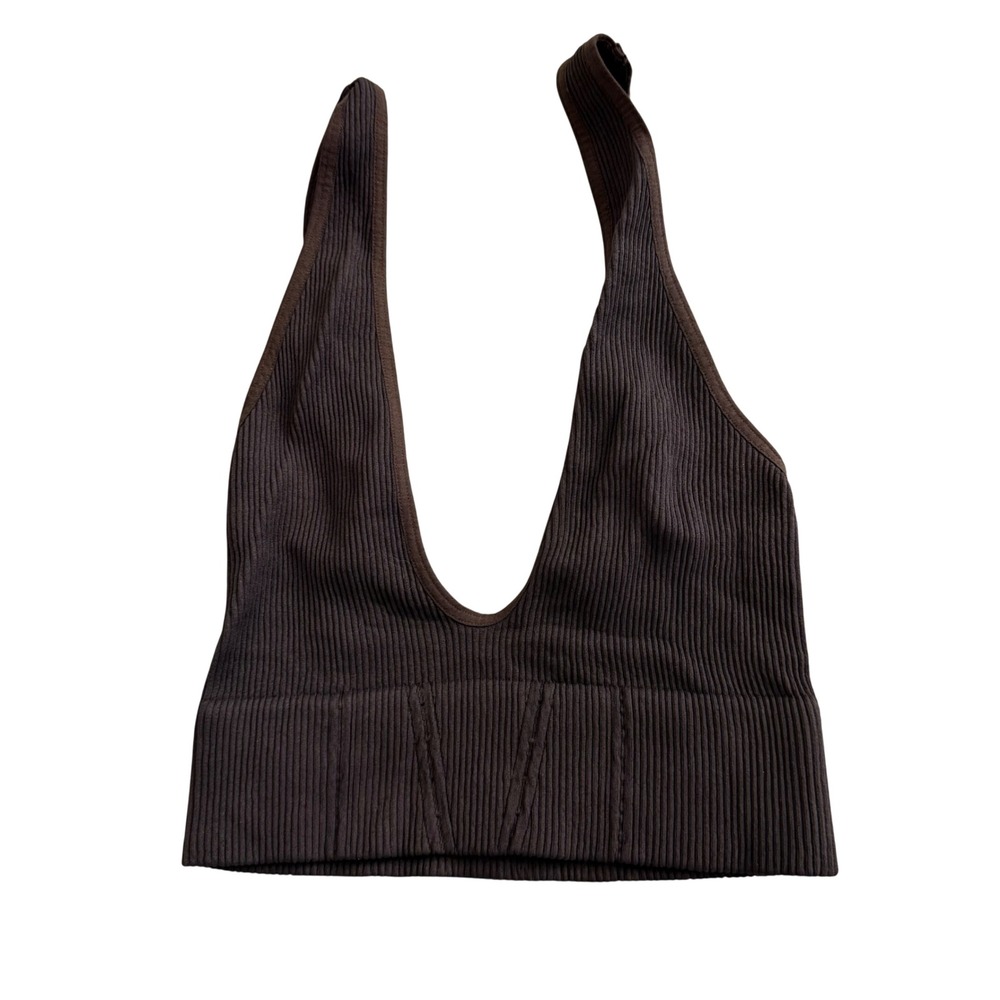 NUX‎ Ribbed Deep V Neck Sports Bra Seamless Knit Espresso Brown Size S NWOT
